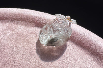 Natural Brookite Silver Rutilated Quartz Hand Carved Nine Tailed Fox Pendant, Silver Rutile Titanium Quartz Fox, 天然黑银钛晶手工精雕九尾狐吊坠