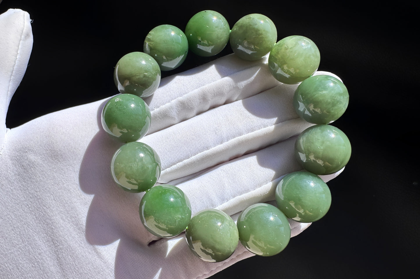 15mm Natural Chunky Green Nephrite Beaded Bracelet, Untreated Nephrite Jade Beads, 天然和田玉碧玉圆珠手串