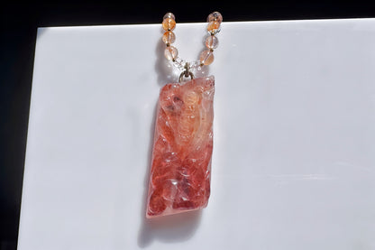 Natural Pink Hematoid Quartz Hand Carved Nine Tailed Fox Pendant, Rare Pink Hematoid Pendant, 天然粉胶花手工精雕九尾狐梅花树吊坠