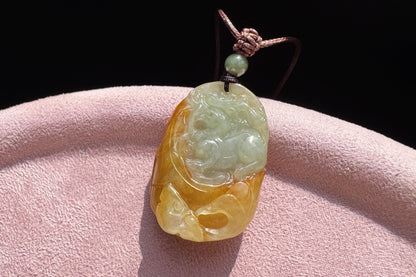 Genuine Grade A Jadeite Jade Hand Carved Kirin Pendant, Natural duo Color Green and Yellow Jade, Double-sides Carving, 天然缅甸A货翡翠老坑双色麒麟吊坠