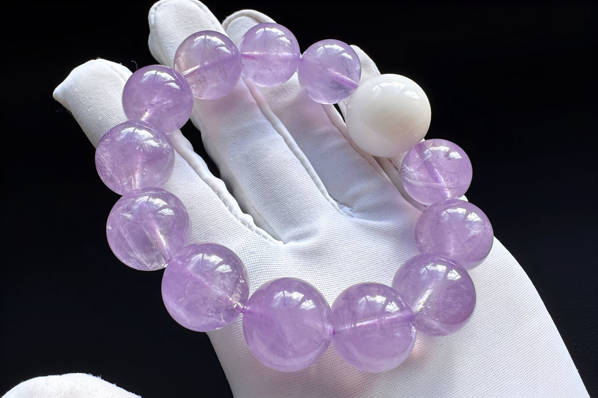 15mm Natural Lavender Amethyst Bracelet, Genuine Tridacna Bead Bracelet 20mm, Large Gemstone Statement Jewelry, Purple Crystal Bracelet