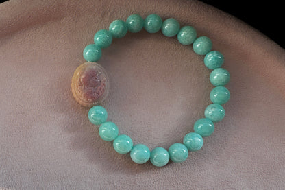 Natural Un-treated Amazonite Beaded Bracelet with Pink and yellow Alashan Sailor Moon, Amazonite Bracelet, 天然天河石手串搭配奶黄粉阿拉善水手月亮