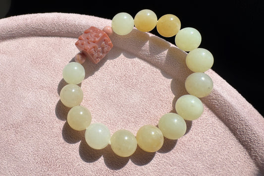 11mm Natural Hetian Nephrite Bracelet with Top Grade Alashan Hand Carved Nine Tailed Fox Cube, Nephrite Jade Bracelet, 天然蜂蜜水糖玉手串搭配玉化阿拉善手工精雕九尾狐方糖