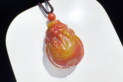 Certified High Grade Natural Nanhong Hand Carved Dragon Turtle Pendant, Yellow Nanhong Dragon Turtle Pendant, 天然黄皮包浆南红手工精雕龙龟吊坠