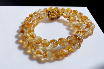 Natural Citrine Bracelet with Tiger’s Eye PiXiu Charm, Untreated Citrine Beads, 天然黄水晶双圈手串配虎眼貔貅