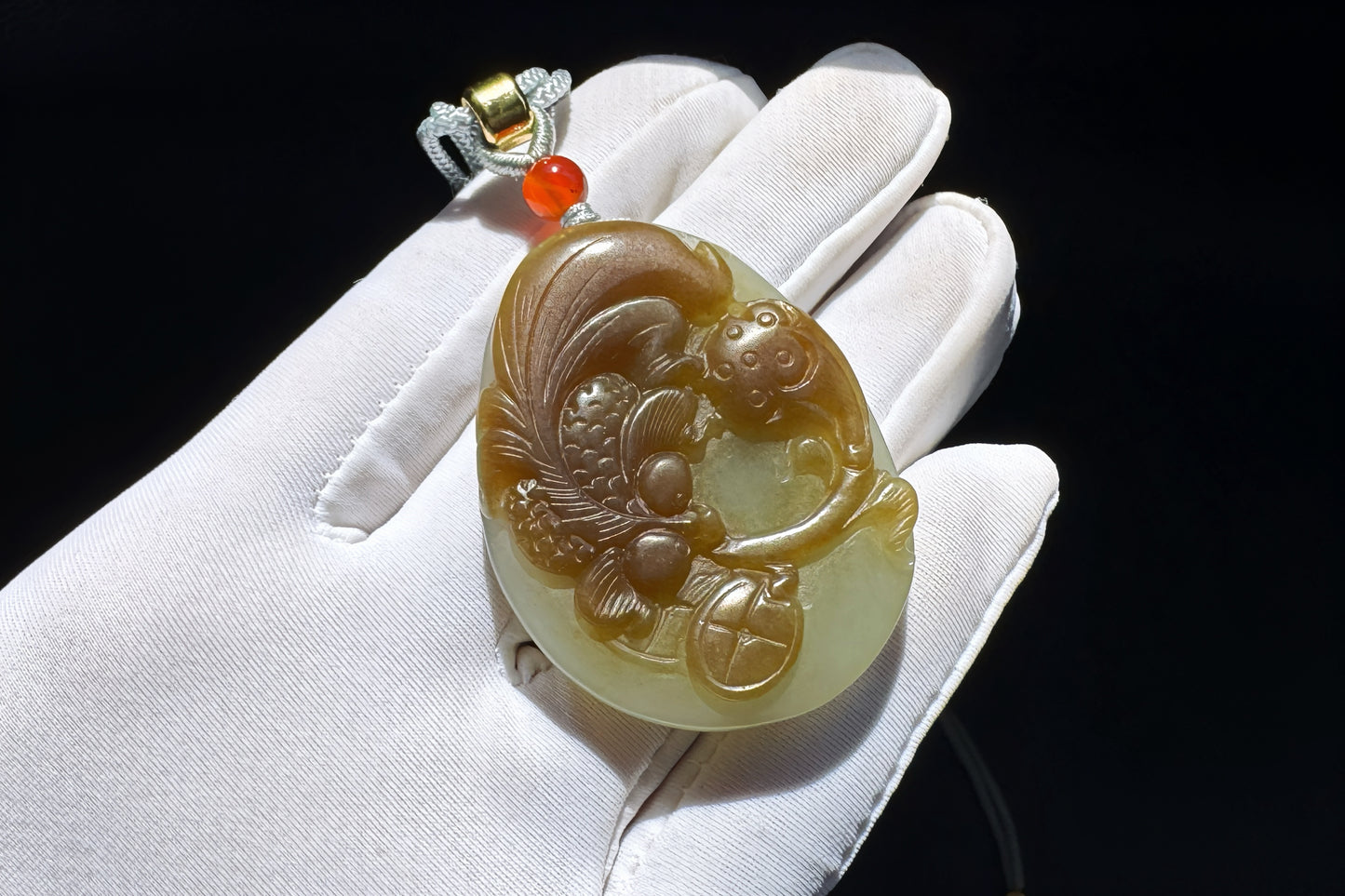 Natural Nephrite in Sugar Brown and Green Colors Hand Carved Koi Fish and Lotus Pendant, Carved Nephrite Jade Necklace, 天然糖青料玉手工雕刻鱼戏荷莲吊坠