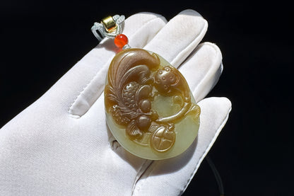 Natural Nephrite in Sugar Brown and Green Colors Hand Carved Koi Fish and Lotus Pendant, Carved Nephrite Jade Necklace, 天然糖青料玉手工雕刻鱼戏荷莲吊坠