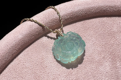 Certified Natural Green Aquamarine Carved Flower Pendant, Green Beryl with Mica inclusions, March Birthstone, 天然绿色海蓝宝雕刻花花吊坠