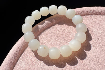 13mm Natural White Hetian Nephrite Bracelet, White Nephrite Jade Beads, Matte Nephrite Bracelet, 天然和田玉青海料一级白老型珠手串