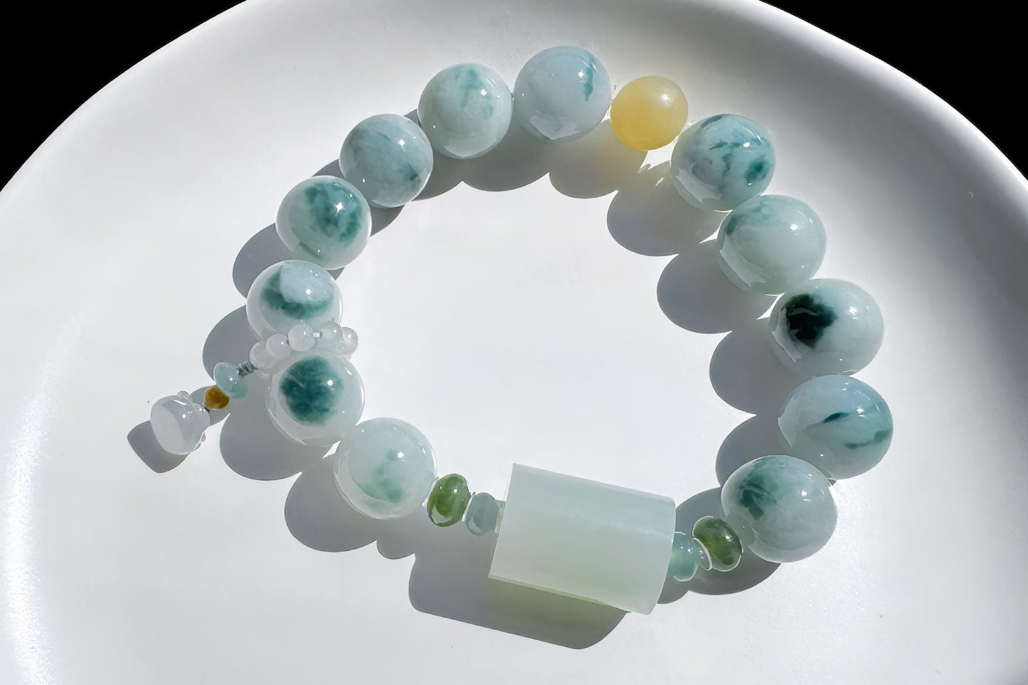 12mm Natural Grade A Jadeite Jade Bracelet with Blue Hetian Nephrite Jade Barrel, Blue Jadeite Jade with floating Blue flowers, 天然缅甸A货糯蓝底飘蓝花翡翠手串配糖玉