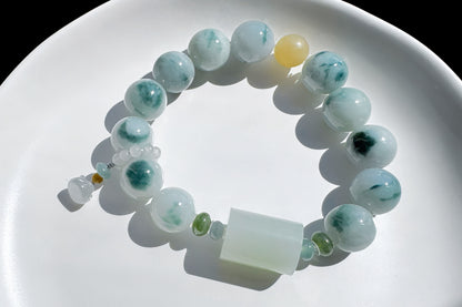 12mm Natural Grade A Jadeite Jade Bracelet with Blue Hetian Nephrite Jade Barrel, Blue Jadeite Jade with floating Blue flowers, 天然缅甸A货糯蓝底飘蓝花翡翠手串配糖玉