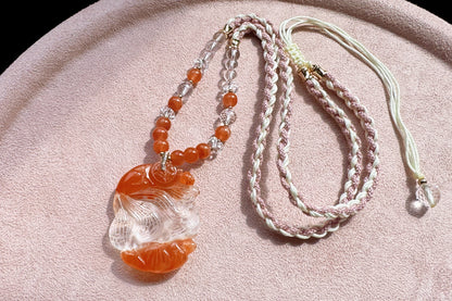 Hand Carved Natural Red Rabbit Hair Quartz Nine Tailed Fox Pendant, High Grade Red Rabbit Hair Necklace, Unique Crystal Fox, 手工精雕精品红兔毛九尾狐吊坠
