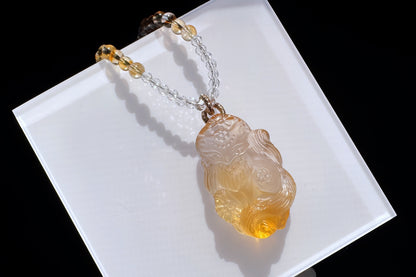 Natural Brazilian Citrine Hand Carved Nine Tailed Fox Pendant, Hand-Carved Golden Citrine Glow • Intricate Hand-Carved Artistry Necklace