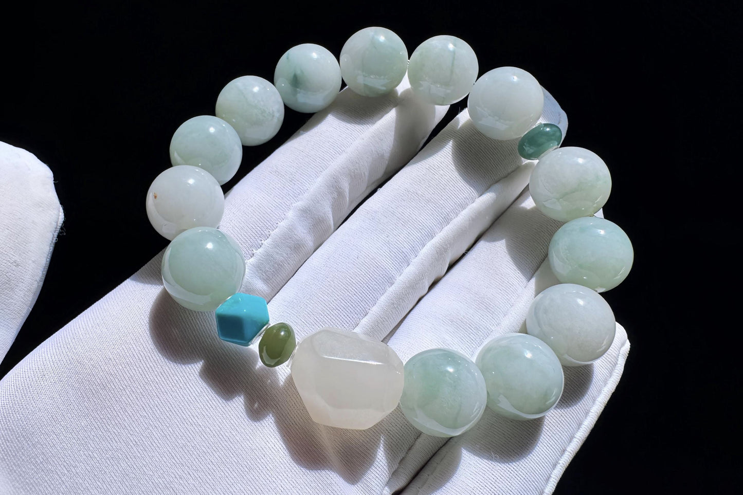 12mm Natural Grade A Jadeite Jade Bracelet with Mutton Fat Nephrite Jade, Blue Turquoise, Blue Jadeite Jade, 天然缅甸A货蓝底绿花翡翠细糯种手串羊脂白玉绿松