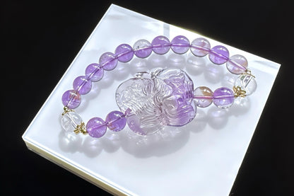 Natural High Grade Brazilian Amethyst Hand Carved Butterfly Nine Tailed Fox and Amethyst Beaded Bracelet, 天然精品巴西紫水晶手工精雕九尾狐蝴蝶搭配紫水晶手串