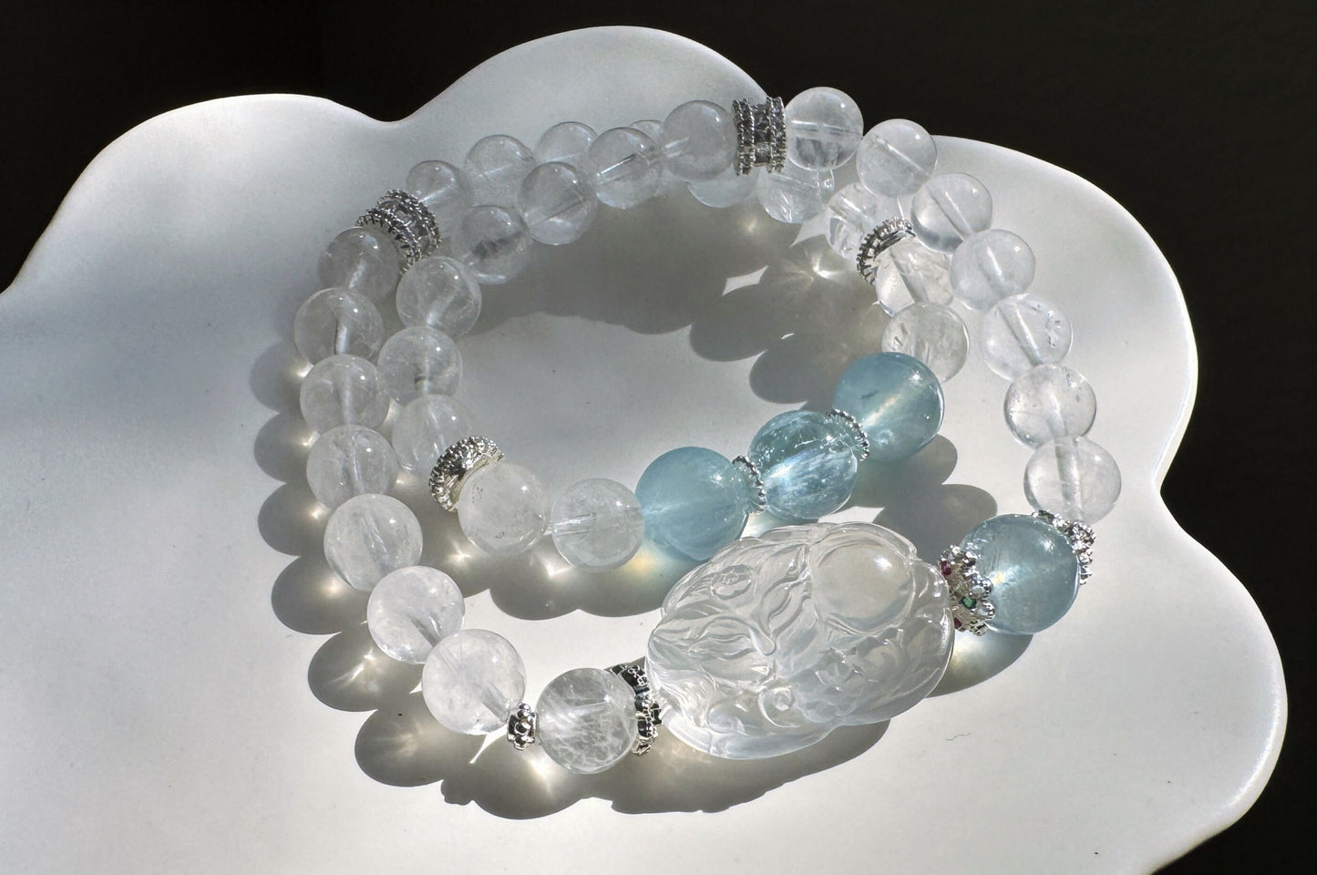 Rare Natural Blue Rabbit Hair Rutile Quartz Carved Nine Tailed Fox with Aquamarine and White Phantom Bracelet, 天然蓝兔毛九尾趴趴狐海蓝宝白幽灵手串