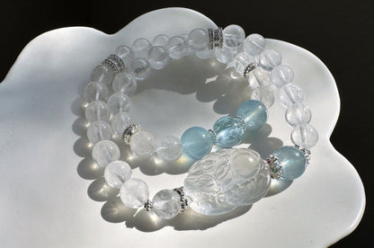 Rare Natural Blue Rabbit Hair Rutile Quartz Carved Nine Tailed Fox with Aquamarine and White Phantom Bracelet, 天然蓝兔毛九尾趴趴狐海蓝宝白幽灵手串