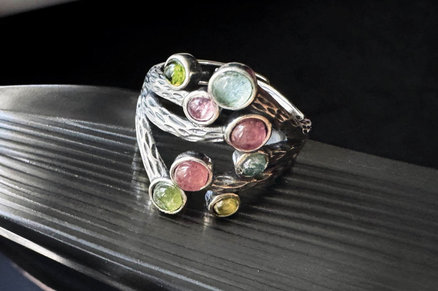 Natural Rainbow Tourmaline in Premium S925 Thick Silver Handmade Ring, Mermaid Tourmaline Ring, 天然巴西老料美人鱼色系碧玺肌理枝条S925厚银戒指
