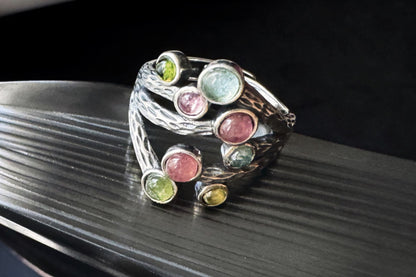 Natural Rainbow Tourmaline in Premium S925 Thick Silver Handmade Ring, Mermaid Tourmaline Ring, 天然巴西老料美人鱼色系碧玺肌理枝条S925厚银戒指