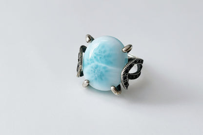 Natural Dominican Blue Larimar In 925 Silver Ring, 天然多米尼加海纹石镶嵌925银戒指