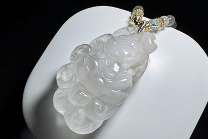 Large Natural White Rabbit Hair Quartz Hand Carved Nine Tailed Fox Pendant, High Grade White Rabbit Hair Necklace, 天然精品白兔毛手工精雕九尾狐吊坠