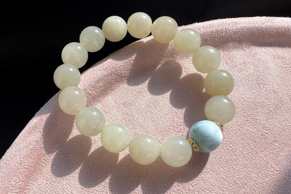 Natural Nephrite Beaded Bracelet with Dominican Larimar Bead, Nephrite Jade Bracelet, 天然软玉手串搭配海纹石