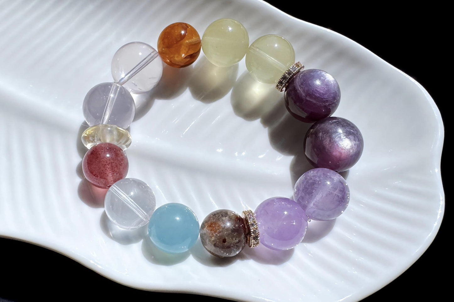 Natural Multi-gemston Bracelet, Rose Quartz Aquamarine Beaded Bracelet, 天然猫眼紫锂辉搭配海蓝宝粉晶葡萄石手串