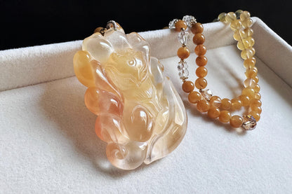 Top Grade Natural Yellow Rabbit Hair Quartz Hand Carved Nine Tailed Fox Pendant Necklace, 天然精品黄兔毛水晶手工精雕九尾狐吊坠