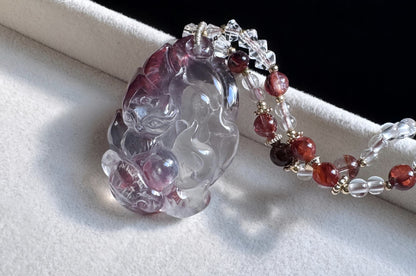 Natural Ox Blood Red Hematoid Quartz Hand Carved Fox Pendant, Ox Blood Red Hematoid Quartz Nine Tailed Fox Pendant, 天然牛血红胶花闪片九尾狐吊坠