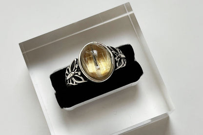 Top Grade Natural Golden Rutile Quartz Ring S925 Setting, Natural Golden Rutilated Quartz Ring, 天然钛晶板钛猫眼戒指925纯银戒托