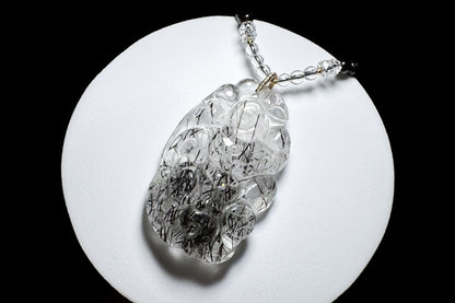 Natural Black Rutile Quartz Hand Carved Nine Tailed Fox Pendant, Black Rutilated Quartz Crystal Fox, 天然精品黑发晶手工雕刻九尾狐吊坠