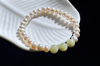 Natural Green Nephrite Jade with Freshwater Pearl Beaded Bracelet, Pearl Bracelet, 天然淡水珍珠搭配玉圆珠手串
