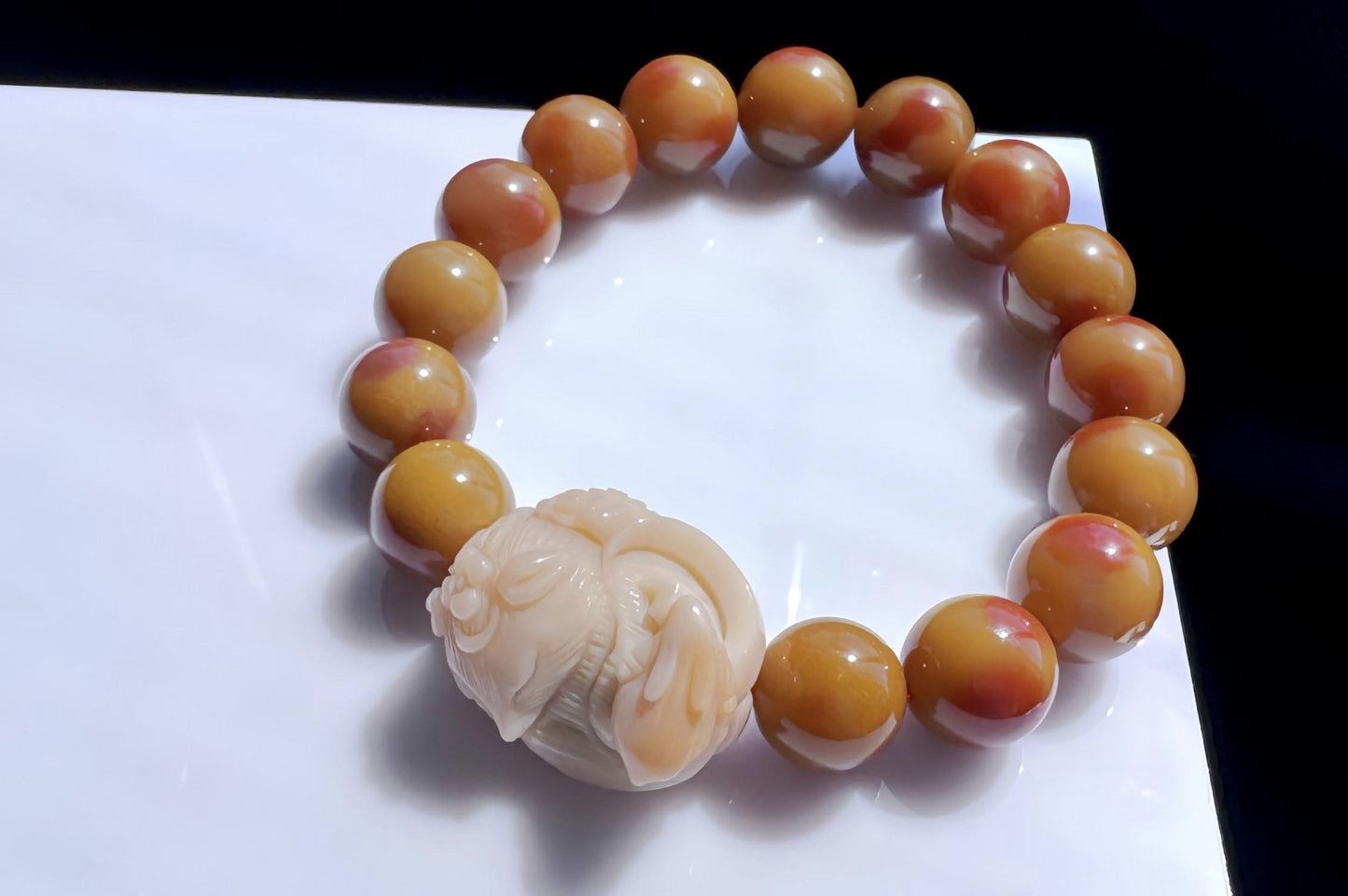Natural Alashan Rock Beaded Bracelet with Hand Carved Alashan Nine Tailed Fox and Rabbit Charm, 天然老矿料阿拉善圆珠搭配手工精雕原矿阿拉善九尾狐