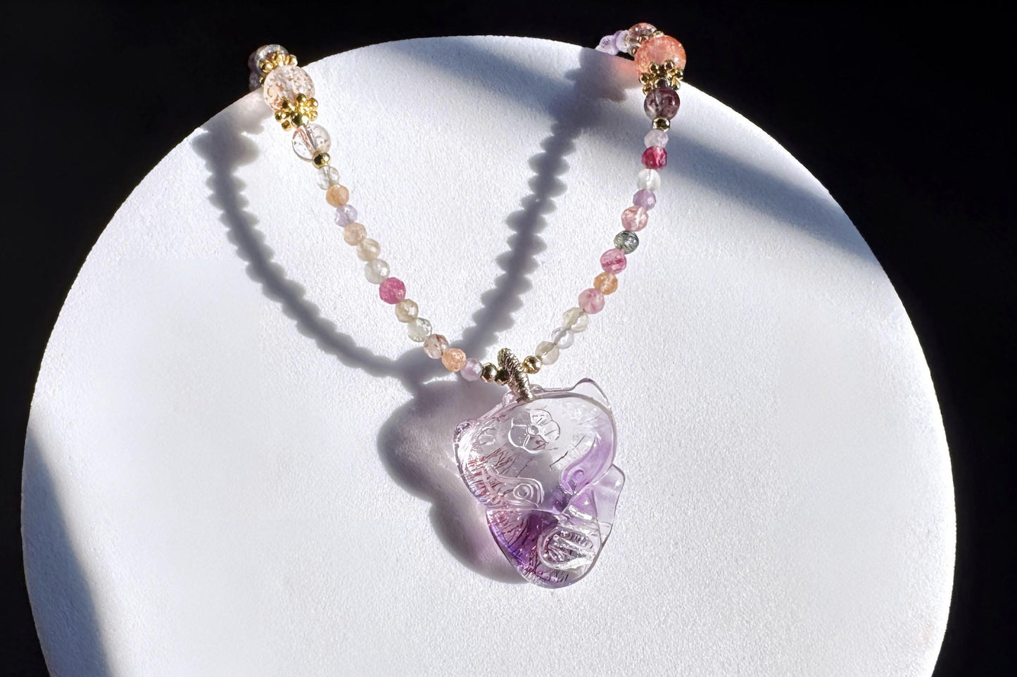 High Grade Natural Super Seven Hand Carved Fox Pendant, Super Seven Crystal Fox Necklace, 天然精品超级七手工雕刻九尾狐吊坠