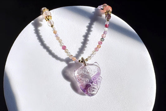 High Grade Natural Super Seven Hand Carved Fox Pendant, Super Seven Crystal Fox Necklace, 天然精品超级七手工雕刻九尾狐吊坠