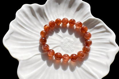 11mm Natural Sunstone Bracelet, Dark Orange Color Sunstone Beads, Shimmering Sunstone, 天然无优化美国俄勒冈州老矿焦糖色金太阳石水晶手串