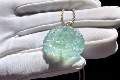 Certified Natural Green Aquamarine Carved Flower Pendant, Green Beryl with Mica inclusions, March Birthstone, 天然绿色海蓝宝雕刻花花吊坠