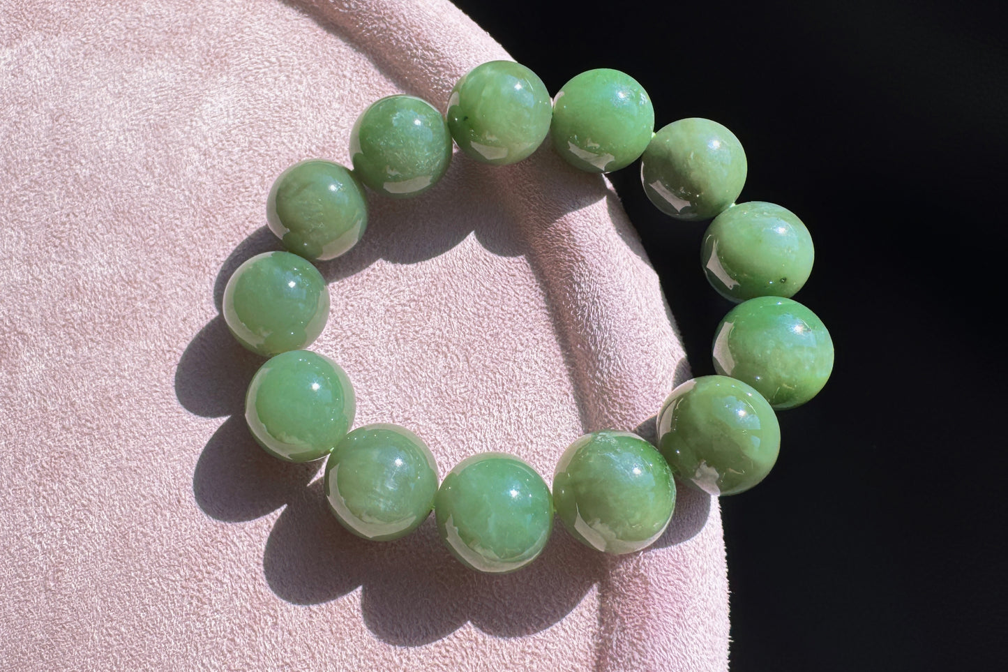 15mm Natural Chunky Green Nephrite Beaded Bracelet, Untreated Nephrite Jade Beads, 天然和田玉碧玉圆珠手串