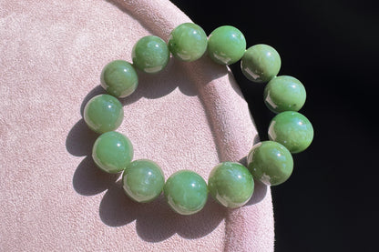 15mm Natural Chunky Green Nephrite Beaded Bracelet, Untreated Nephrite Jade Beads, 天然和田玉碧玉圆珠手串