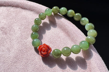Natural Green Hetian Nephrite Bracelet with Top Grade Nanhong Agate Hand Carved Flower, Nephrite Jade Beads South Red Agate Flower, 天然和田玉手串配南红花花