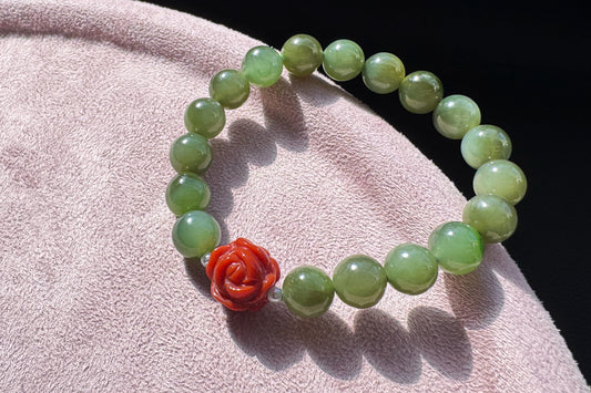 Natural Green Hetian Nephrite Bracelet with Top Grade Nanhong Agate Hand Carved Flower, Nephrite Jade Beads South Red Agate Flower, 天然和田玉手串配南红花花