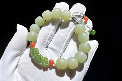 Natural Milky Blue Hetian Nephrite Beaded Bracelet with Green Nephrite Hand Carved Charm, Nephrite Jade Bracelet, 天然奶蓝色和田玉手串搭配碧玉手工雕刻回纹扣