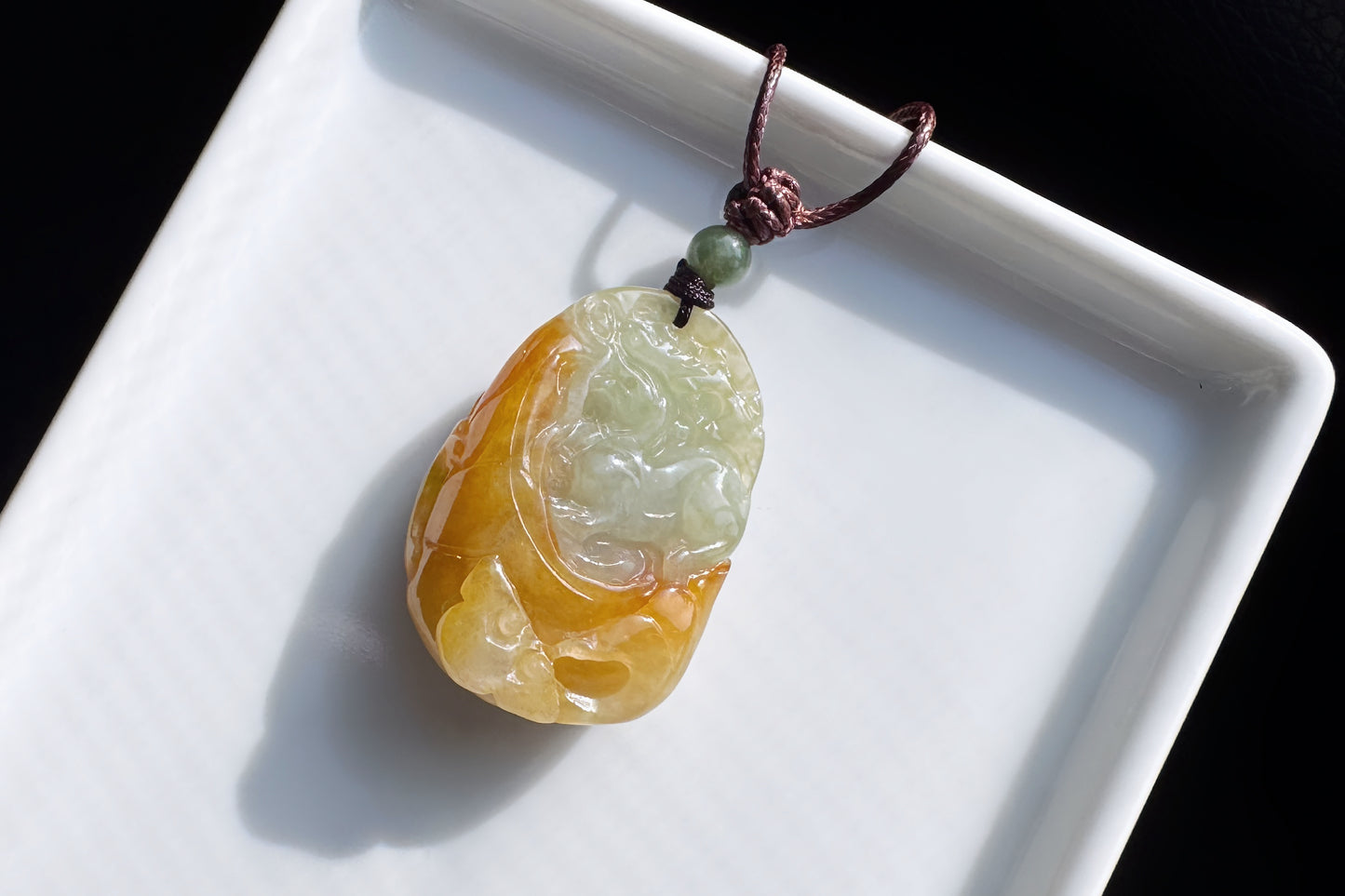 Genuine Grade A Jadeite Jade Hand Carved Kirin Pendant, Natural duo Color Green and Yellow Jade, Double-sides Carving, 天然缅甸A货翡翠老坑双色麒麟吊坠