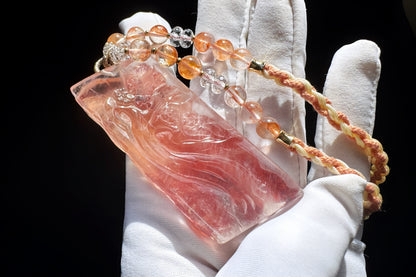Natural Pink Hematoid Quartz Hand Carved Nine Tailed Fox Pendant, Rare Pink Hematoid Pendant, 天然粉胶花手工精雕九尾狐梅花树吊坠