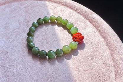 Natural Green Hetian Nephrite Bracelet with Top Grade Nanhong Agate Hand Carved Flower, Nephrite Jade Beads South Red Agate Flower, 天然和田玉手串配南红花花