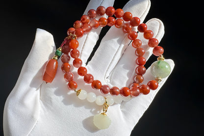 Natural Nanhong Southern Red Agate Design Bracelet, Nanhong Agate Bracelet with Jadeite Jade and White Nephrite, 天然原创南红设计手串搭配乌鸡翡翠和田白玉