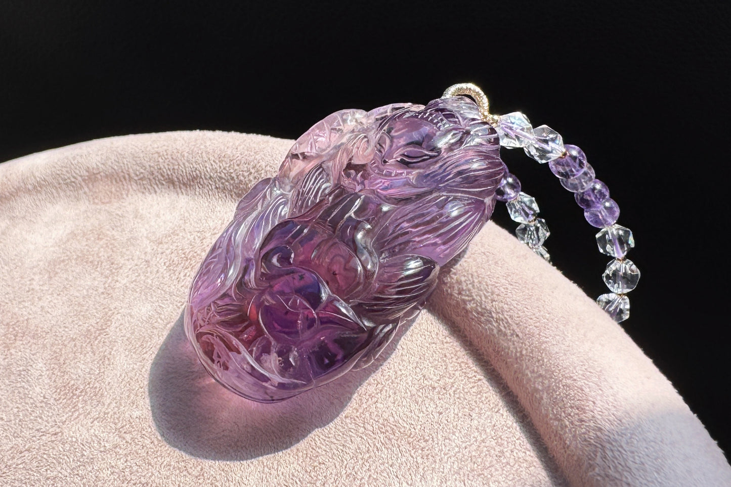 Large Naturual Amethyst Pendant Hand Carved Nine Tailed Fox and Phoenix, Brazilian Amethyst Fox and Phoenix Necklace, 天然巴西紫水晶手工雕刻九尾凤凰吊坠