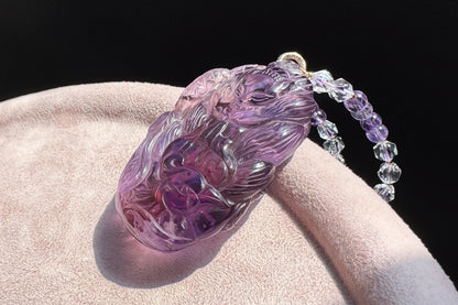 Large Naturual Amethyst Pendant Hand Carved Nine Tailed Fox and Phoenix, Brazilian Amethyst Fox and Phoenix Necklace, 天然巴西紫水晶手工雕刻九尾凤凰吊坠