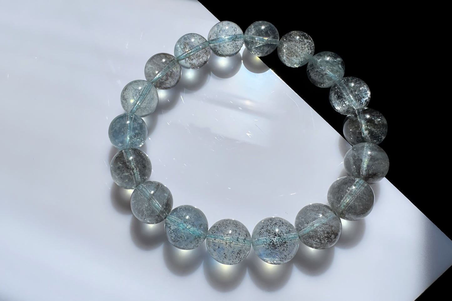 11mm Natural Aquamarine with Black Mica Inclusions Beaded Bracelet, Shiny Aquamarine Bracelet, March Birthstone, 海蓝宝带黑云母共生手串
