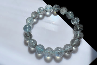 11mm Natural Aquamarine with Black Mica Inclusions Beaded Bracelet, Shiny Aquamarine Bracelet, March Birthstone, 海蓝宝带黑云母共生手串